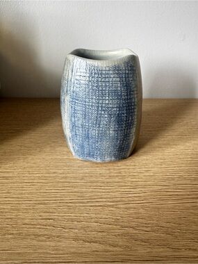 Blue Crosshatch Ceramic Vase - Home Art